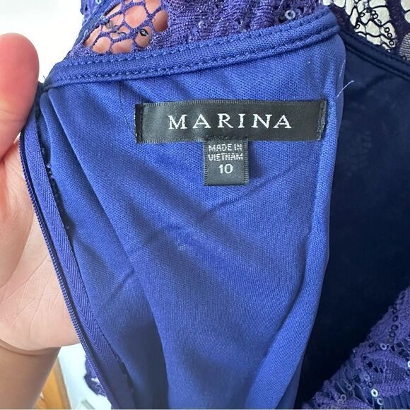 Marina Long Sleeve Illusion Neckline Sequined Lace Dress in Cobalt Blue - Picture 11 of 14